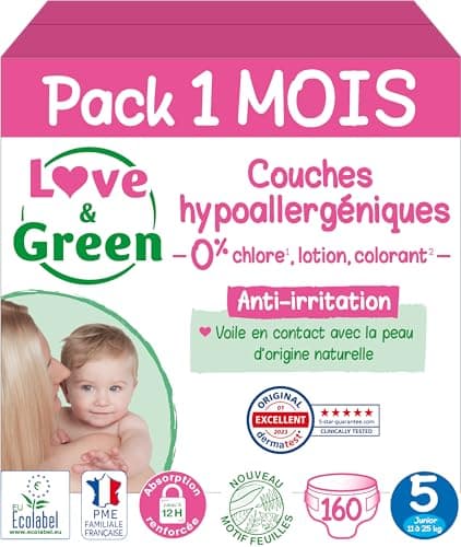Love & Green - Couches Bébé Saines et Ecologiques - Taille 5 (11-25 Kg) - Pack 1 Mois (160 Couches) - Absorbante, anti-fuites et sans ingrédients indésirables