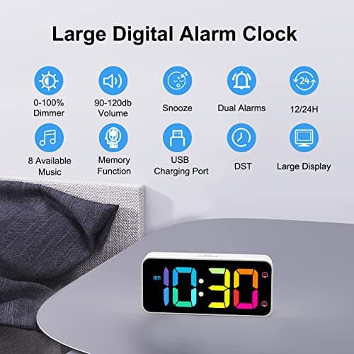 HOMVILLA Reveil, Réveil Numérique avec Grand écran LED, 0-100% Luminosité, 90-120 DB Volume, 2 Alarmes, 12/24H, Fonction Snooze, Port de Recharge USB, (Adaptateur Inclure), Blanc-Couleur