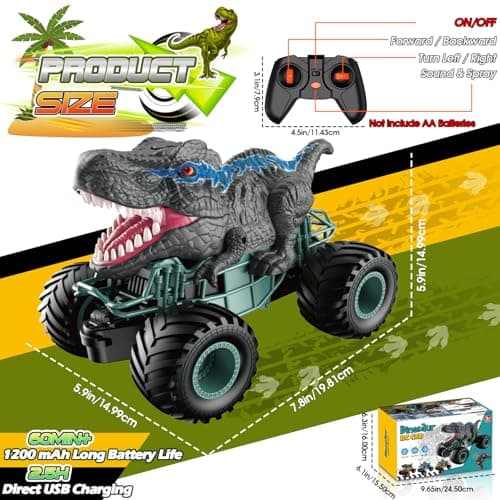 HappyGoLucky Voiture Telecommandé Enfant, Voiture Télécommandée Tout Terrain Dinosaure Jouet Garcon 3 4 5 6 7 8 Ans Jouet Enfant 3-12 Ans Garçon Monster Truck Enfant - Cadeau de Garcon Fille