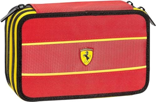 Clondo Trousse Triple Remplie Enfants, pour Ferrari Fans, 45 Accessoires Scolaires, 3 Fermetures Éclair, Compartiments Organisés, Crayons de Couleur, Feutres, Ciseaux