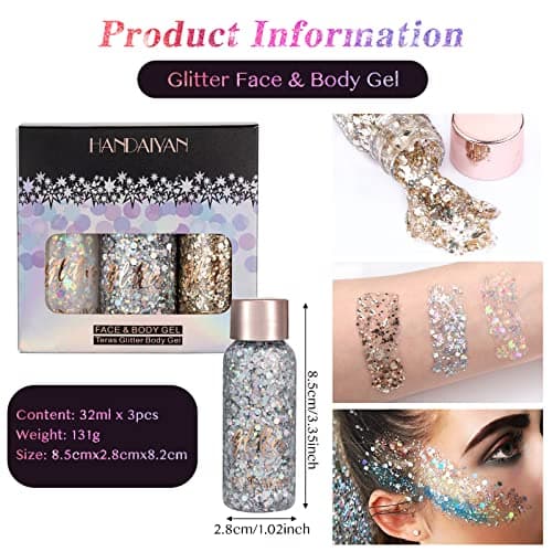 Getervb 3 Pièces Gel Paillettes Visage Festival Body Glitter Gel Paillette Cosmétique Chunky Glitter Liquide Paillette Maquillage Cheveux Ongles Lèvres Makeup (Blanc+Argent+Champagne)