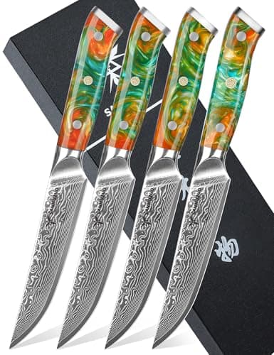 SANMUZUO Ensemble de couteaux à steak de 4 pièces, couteau à steak de cuisine ultra-tranchant non dentelé de 5 pouces - Acier de Damas et manche en résine - Série Xuan(Orange Fantastique)