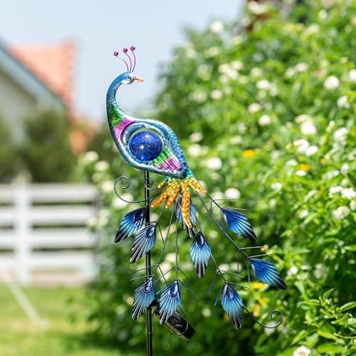 TERESA'S COLLECTIONS Lampe Solaire Exterieur Jardin,Decoration Jardin Exterieur, Statue Paon de Jardin en Métal 80cm, Éclairage Solaire à LED, Décoration de Jardin, Éclairage de Jardin, Cadeau Femme
