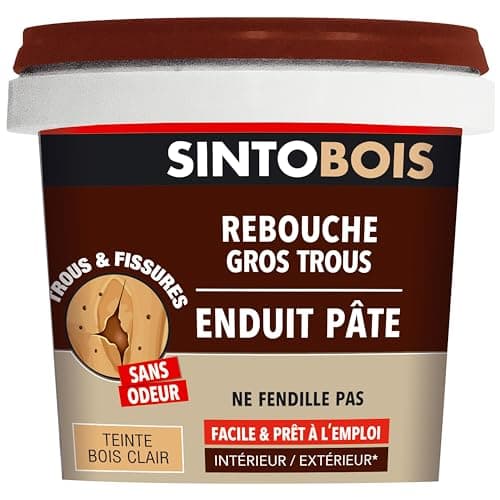 SINTO - Rebouche gros trous et fissures - Rebouche bois - Excellente adhérence - Sans Odeur - Facile et Prêt-à-l'emploi - Intérieur & Extérieur - Ne fendille pas - Teinte bois clair - 500g