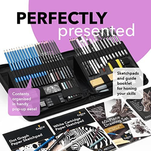 Castle Art Supplies Set 60 pièces Dessin et Croquis | Crayons, Bâtons Graphites, Fusains, Pastels et Solubles à l’Eau, Feutres Fins | Pour Professionnels et Artistes Adultes | Étui de Transport Zippé