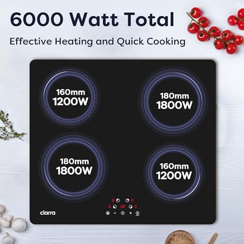 Ciarra Plaque de Cuisson à Induction - 4 Foyer 6000W - Table de Cuisson Encastrable - Commande tactile - 9 Niveaux - CABBIH4-C