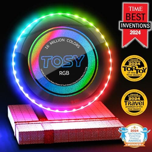TOSY Disque Volant 16 Millions de Couleurs RVB ou 36 LED, Lumineux, Modes Intelligents, Auto on/Off, Rechargeable, Anniversaire, Cadeau de Noël pour Hommes/Garçons/Adolescents/Enfants, Frisbee 175g