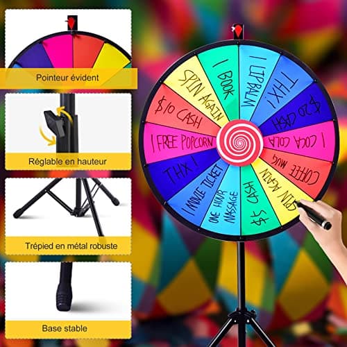 RELAX4LIFE Roue de la Fortune avec 14 Emplacements, Brosse et Marqueur Effaçable Fournis, Diamètre de la Roue 48CM (φ60CM-Hauteur Réglable)
