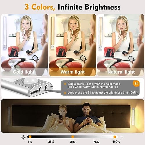 DFGOTOP Reglette 120 Led Cuisine Rechargeable USB, 30CM Lampe de Placard Led Detecteur Mouvement, Eclairage Bande Armoire sous Meuble Sans Fil, Lumiere 3 Couleurs 4 Modes