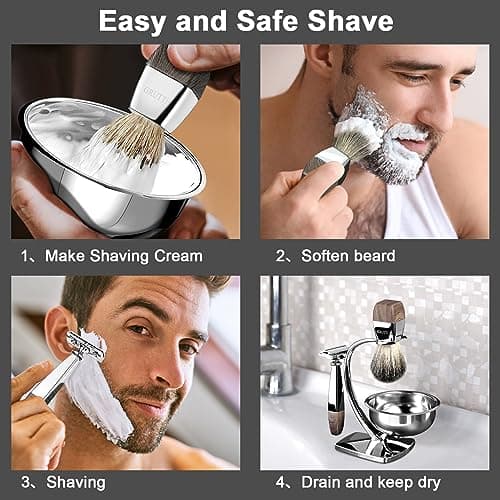 GRUTTI Ensemble de rasage, rasoir de luxe chromé et support de brosse avec bol de savon et brosse de rasage pour cheveux de blaireau et lame double tranchant compatible avec rasoir de sûreté