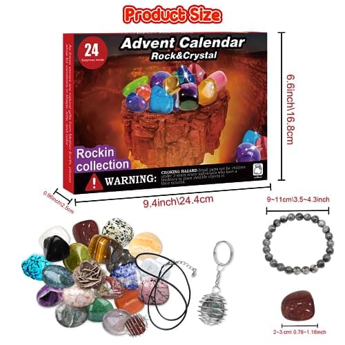 Calendrier de l'Avent 2024 Pierre Precieuse pour Enfants - Calendrier de 24 jours de Noël avec Cristaux et Pierres Naturelles- Cadeau de Noël pour Garçons et Filles