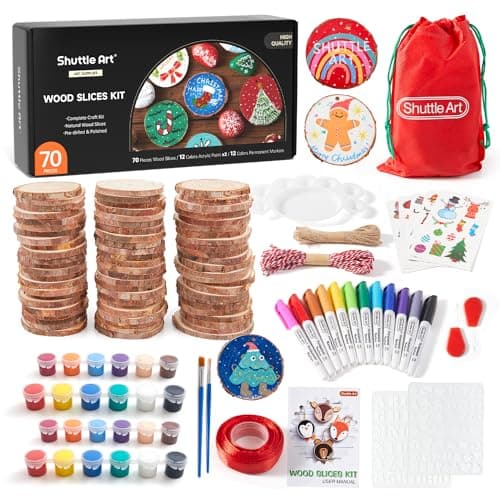 Shuttle Art Kit Rondin de Bois Deco, 70 Pièces Tranches de Bois Naturel 7-8cm, Cercles en Bois Inachevé Pré-percé avec Trou et Accessoires, Craft Wood Kit pour Decoration Noël