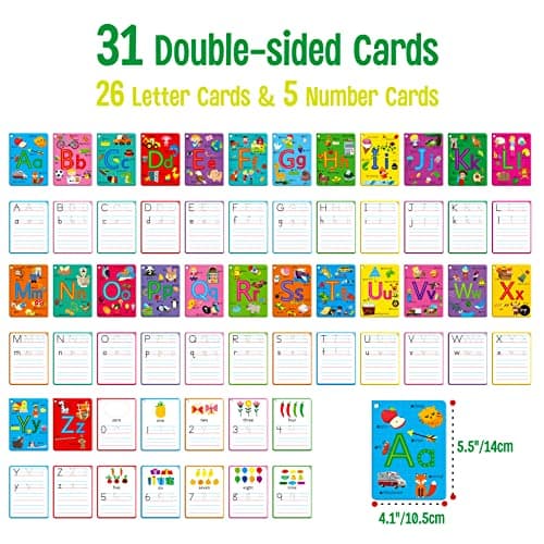 31 Cartes Flash de l'alphabet, Impression Recto Verso Lettres effaçables à Sec Mots à Vue et Cartes d'apprentissage des Chiffres Cartes de Pratique de traçage des Lettres pour l'école Maternelle