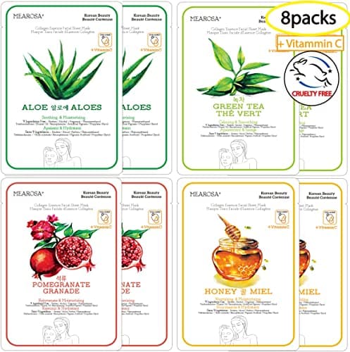 MEAROSA Masque facial en feuille Korean SkinCare de qualité supérieure Vitamine C Collagène Essence peau sensible (paquet de 8 feuilles)