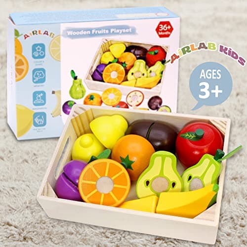 Airlab Jouet Bois Fruits Légumes de Coupe pour Dinette Enfant, Cuisine Jeux Accessoire Aliment Nourriture, Jouet Éducatif Éveil Montessori, Cadeau Anniversaire Pâques Halloween Noël Garçon Fille Bébé