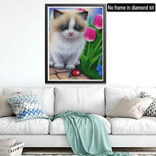 Showker 5D Kit Complet de Broderie Diamant Chat Fleur - Peinture Diamant Animaux Plantes Rond Point de Croix - Décoration Murale pour Chambre, DIY Diamond Painting Maison 30x40cm