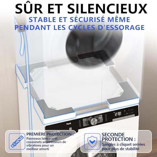 JHCHU Kit de superposition universel pour lave-linge et sèche-linge - Cadre réglable 45 à 68 cm - Idéal pour connexion de machine à laver et sèche-linge (blanc)
