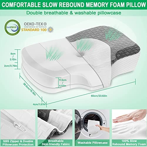 Elviros Oreiller Ergonomique Cervical, Oreillers à Mémoire de Forme, Coussin Mémoire Forme, Hauteur RÉGlable, Gris Foncé