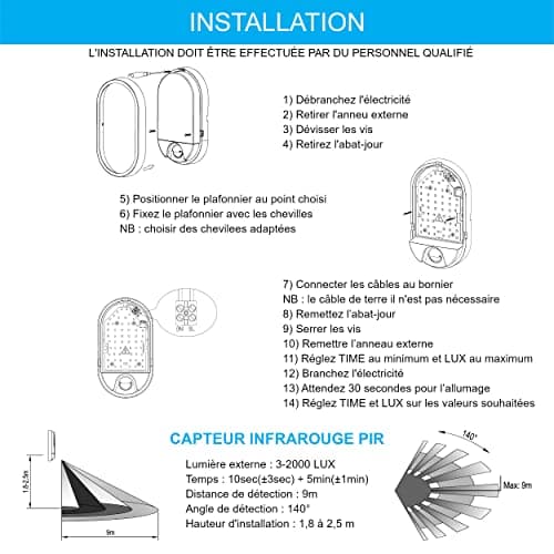 Sigmaled lighting, Plafonnier LED 10W avec DÉTECTEUR de mouvement pour extérieur, Étanche IP54, Blanc Chaud 3000K, 900 Lm, Applique OVALE, Éclairage mural