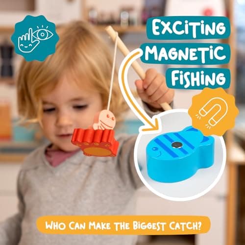 Nene Toys Jeu de Pêche Magnétique en Bois pour Enfants dès 2 Ans - Jouet Magnétique Ludique pour Tout-Petits de 2 3 Ans - Jeu Montessori de Pêche à la Ligne avec Puzzle - Cadeau pour Fille et Garçon