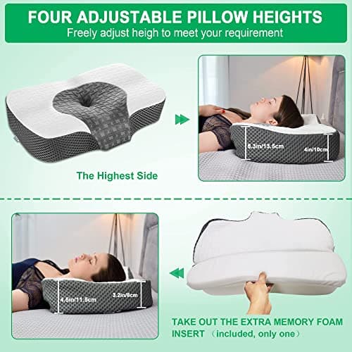 Elviros Oreillers à Mémoire de Forme, Oreillers Ergonomiques pour la Nuque, Oreiller Orthopédique Anti Douleur, Décontracter Les Muscles, Gris Foncé, 54 x 34 x 8.9/10.9 cm