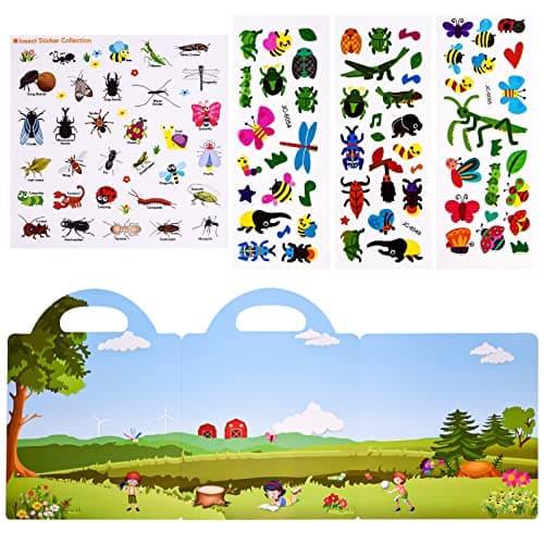 Astaron Livre d'autocollants gonflés 3D réutilisables pour Enfants de 2 à 6 Ans, Autocollants d'insectes imperméables Mignons 88 pièces, Autocollants de Voyage de Jeu et Livre occupé