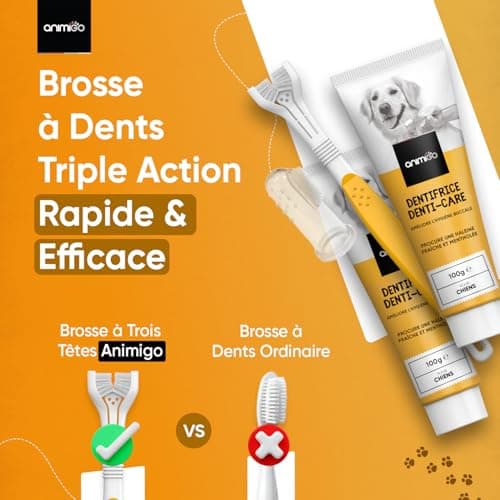 Brosse a Dents Chien 3 Têtes,1 Doigtier, Kit Dentaire Dentifrice Chien 2 x 100g - Dentifrice Haleine Fraîche, Gout Menthe - Élimine Plaque Tartre & Mauvaise Haleine - Soins des Dents pour Chiens