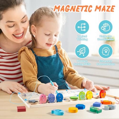 3-1 Jouets Montessori Multifonctionnel pour Enfants 2 3 4 5 Ans, Labyrinthe Magnétique de Couleur Nombre & Jeu de Pêche , Plateau d'Activités en Bois pour Garçons Filles, Cadeau Anniversaire Noël