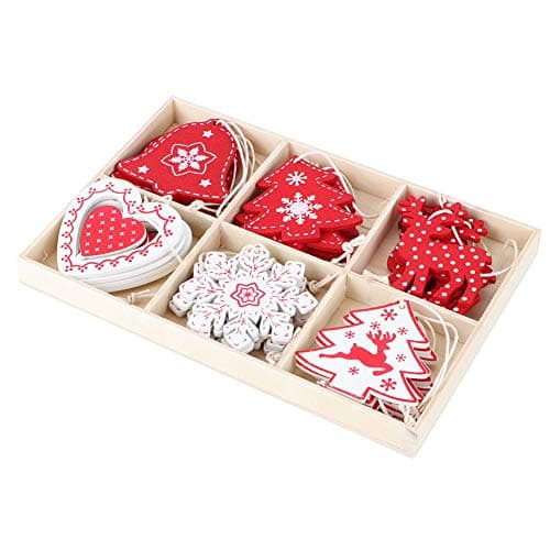 24 pcs Noël en Bois Decoration Sapin de Noel Rouge Blanc Bois Pendentifs d'arbre Decoration pour Sapin Ornement Suspension Noël Suspendu Arbre de Festival Décoration Artisanat Fête Christmas Deco