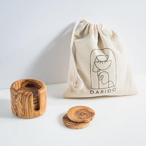 DARIDO Ensemble de 6 sous Verre Rondin de Bois d'Olivier Rustiques avec Support - Faits à la Main - 8 cm - Rondins de Bois Déco - Dessous de Verre - Tranche Bois Décorative – sous Tasse de Bois