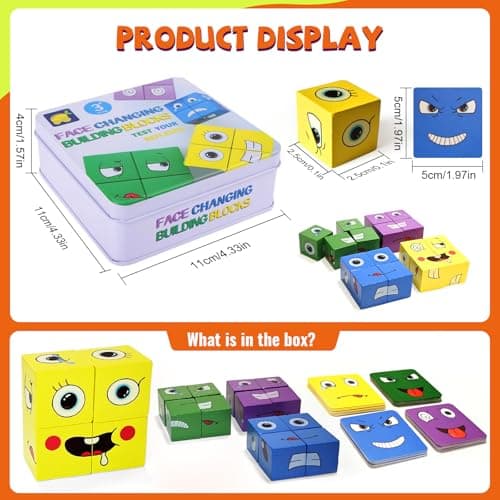 Jeux Montessori Enfant Interactif Emoji Bloc, Puzzle de Blocs D'expressions en Bois, Blocs Cube de Construction Changeants de Visage, Jouets Montessori Cadeau pour Enfants