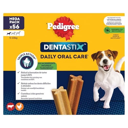PEDIGREE DENTASTIX 56 Bâtonnets à Mâcher Bucco-Dentaires pour Petit Chien 5-10kg (Lot de 8 Sachets de 7 Friandises) - Hygiène, Scientifiquement Prouvé, Nettoyage Dents au Quotidien