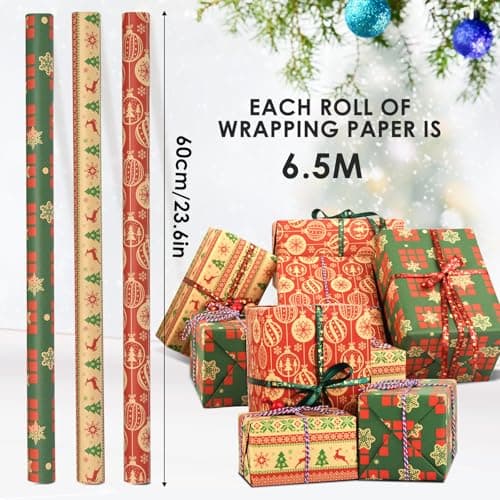 AhfuLife Papier Cadeau Noël Gros Rouleau 60CM×6.5M, 3 Rouleau Grande Longueur Papier Kraft Noël avec Jolis Motifs de Flocon de Neige - Arbre de Noël - Cloches Rounge Pour Emballage Géant Cadeau Noël