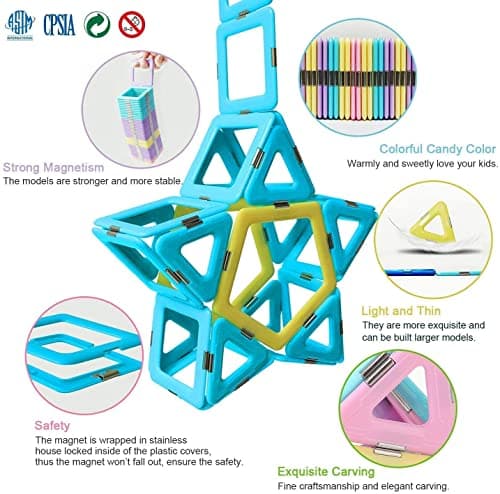 Magblock Blocs de Construction magnétiques 52 pièces Blocs de Construction 3D pour Enfants Jouet magnétique éducatif Cadeau pour garçons Filles de 3 4 5 6 7 8 Ans