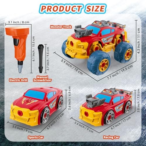 Pup Go Voiture 3-en-1 Démontable pour Garçons avec Perceuse Électrique, 46 Pièces Camion de Construction, Construisez Votre Voiture avec Outils, Idéal Cadeau STEM pour Enfants de 3 à 8 Ans (Rouge)