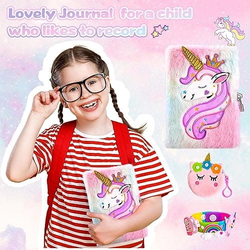 PESLNG Agenda secret pour filles avec cadenas, carnet de voyage en peluche, carnet privé avec stylo multicolore, bracelet, porte-monnaie mignon et 6 autocollants - Cadeau pour filles avec licornes