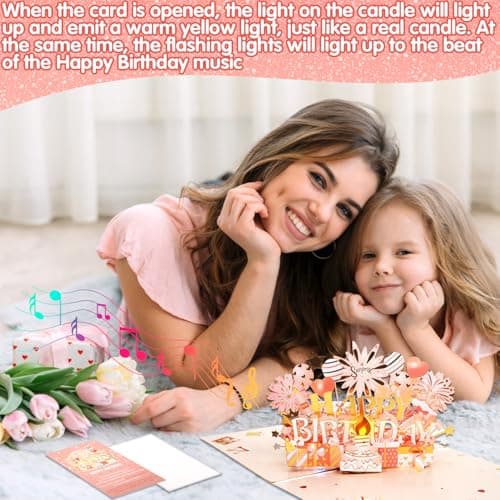 Cartes d'anniversaire avec Musique et Lumière, Carte Anniversaire Musicale-Pop-Up, Carte Vœux Pop Up 3D avec Enveloppe, Blowable LED Lumière Bougie Carte d'anniversaire, Cartes d’Anniversaire Femmes