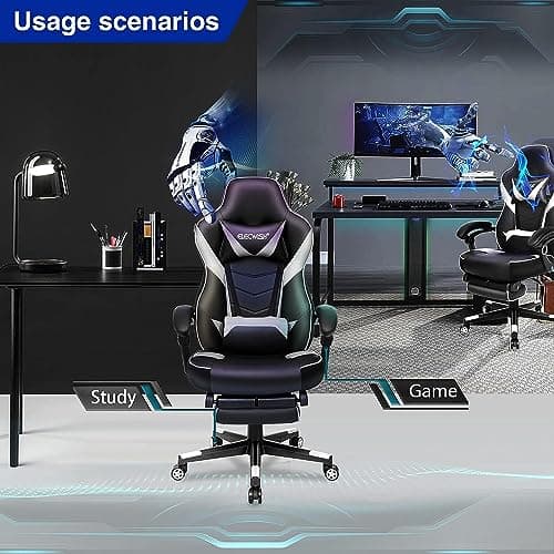 YU YUSING Massage Chaise Gaming Ergonomique Racing Chaise de Bureau avec Réglage de Hauteur, Repose-tête et Soutien des Lombaires, PU Cuir avec Repose-Pieds Rétractable, (Blanc)
