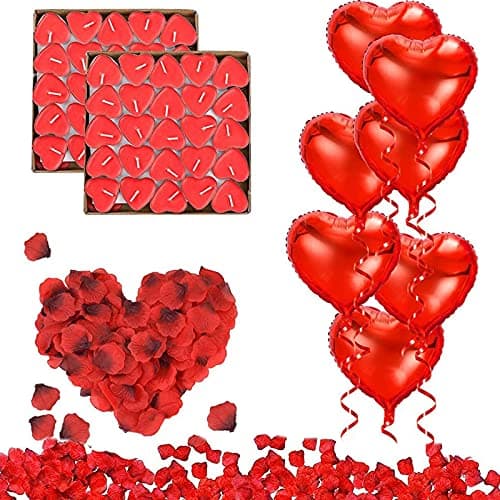RANJIMA Décoration Romantique, Deco st Valentin Rouge, 1000 Pétale de Rose, 50 Bougies en Forme de Coeur, 10 Ballons Coeur Rouges pour Saint Valentin D'anniversaire Déco Fiançailles et Mariage