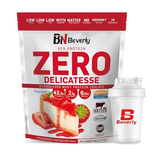 Beverly ZERO DÉLICATESSE | 1 kg | 85% de protéines de lactosérum hydrolysées | Avec Digezyme et Tolerase | Masse et force musculaire | Mixeur gratuit (GÂTEAU AU FROMAGE AUX FRAISE)