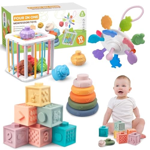 Plunack Jouets Bébés pour 6 à 12 Mois | 4 in 1 Montessori Sensoriel Jouets | Jouet Empilable Bébé | Motricité Cube d'activité Jeux pour Enfants | Jeux Eveil Bebe 1 2 3 Ans Anniversaire Noël Cadeau