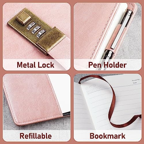 WEMATE Journal Intime Code, A5 Journal en Cuir PU avec 240 Pages, Vintage Diary Avec Serrure,Journal Intime Garçon Fille,Convient aux élèves de Bureau et D'école,8.6 x 5.8 Pouces,Or Rose