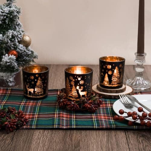 Toptime Set de 3 Bougeoir Noel, Photophore en Verre Noir et Doré pour Centre de Table Noel, Pot en Verre pour Bougie avec Arbre de Noël, Renne, Flocons de Neige, Photophore Bougie pour Le Nouvel an