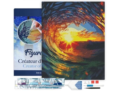Figured’Art Diamond Painting Broderie Diamant 40x50cm Avec Cadre Toile Tendue Strass Perles Carrés - Vague et coucher de soleil - Kit Complet 5D DIY Activité Manuelle Loisirs Créatifs Adultes