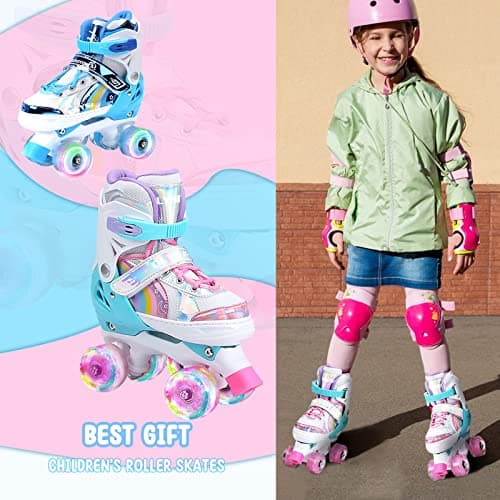 OLYSPM Patins à roulettes pour Enfants, 8 Roues Lumineuses et 4 Tailles réglables, Patins à Quatre Roues avec Sac de Rangement, Patins à roulettes à Double rangée pour Filles, garçons et débutants