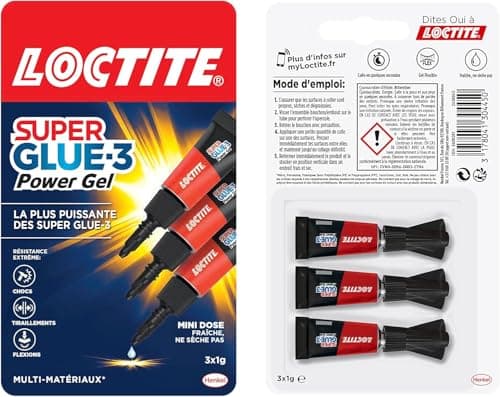 Loctite Super Glue-3 Power Gel Mini Dose, colle forte enrichie en caoutchouc, mini-dose de colle gel ultra-résistante, séchage immédiat, colle transparente, lot de 3 tubes 1 g