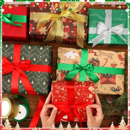 AUGSUN Ruban de Noël 4 Rouleaux, 2.5cm de large, 100 Yards, Vert, Rouge, pour Emballage Cadeaux et DIY