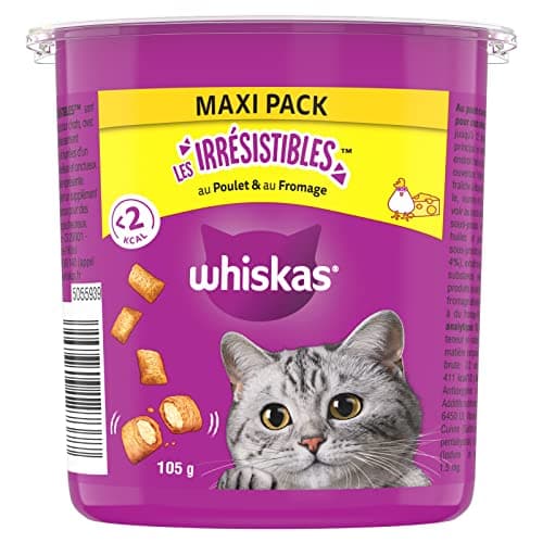 WHISKAS LES IRRESISTIBLES Friandises pour Chat Poulet & Fromage - 10 Boîtes de 105g Refermables pour une Meilleure Conservation, Sans Arômes Artificiels, Idéal pour Partager un Moment de Complicité