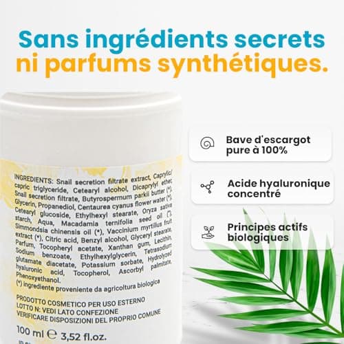 100ml BIO CREME VISAGE avec 75% BAVE D ESCARGOT et ACIDE HYALURONIQUE Ritalia® CREME HYDRATANTE ingrédients Anti-rides Anti-âge et Anti-taches et Contour des yeux POUR FEMMES HOMMES