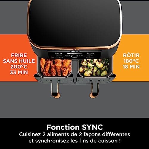 NINJA Foodi MAX Dual Zone Air Fryer, 2 Tiroirs, 9,5L, 6-en-1, Sans Huile, Air Fry, Max Crisp, Rôtir, Cuire, Paniers Antiadhésifs Lavables Au Lave-Vaisselle, Cuivre/Noir Exclusivité Amazon AF400EUCP